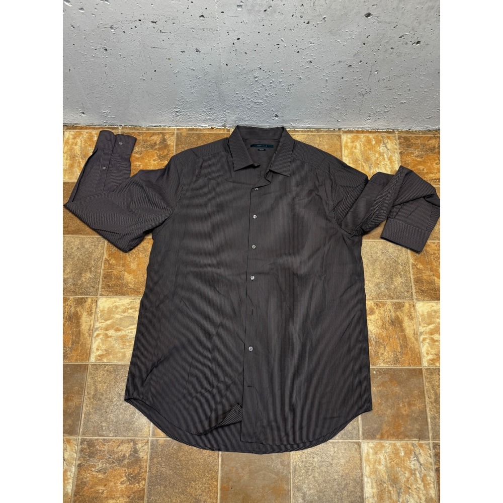 Perry Ellis Mens XLT Dress Shirt Brown Black Pinstripe No Iron Long SleeveCotton